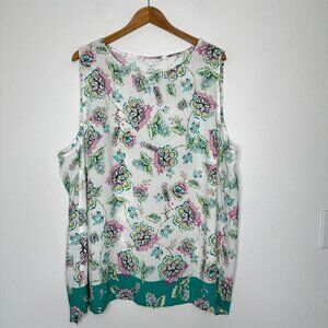 J Jill Floral Sleeveless Top 4X White Teal Lightweight Summer